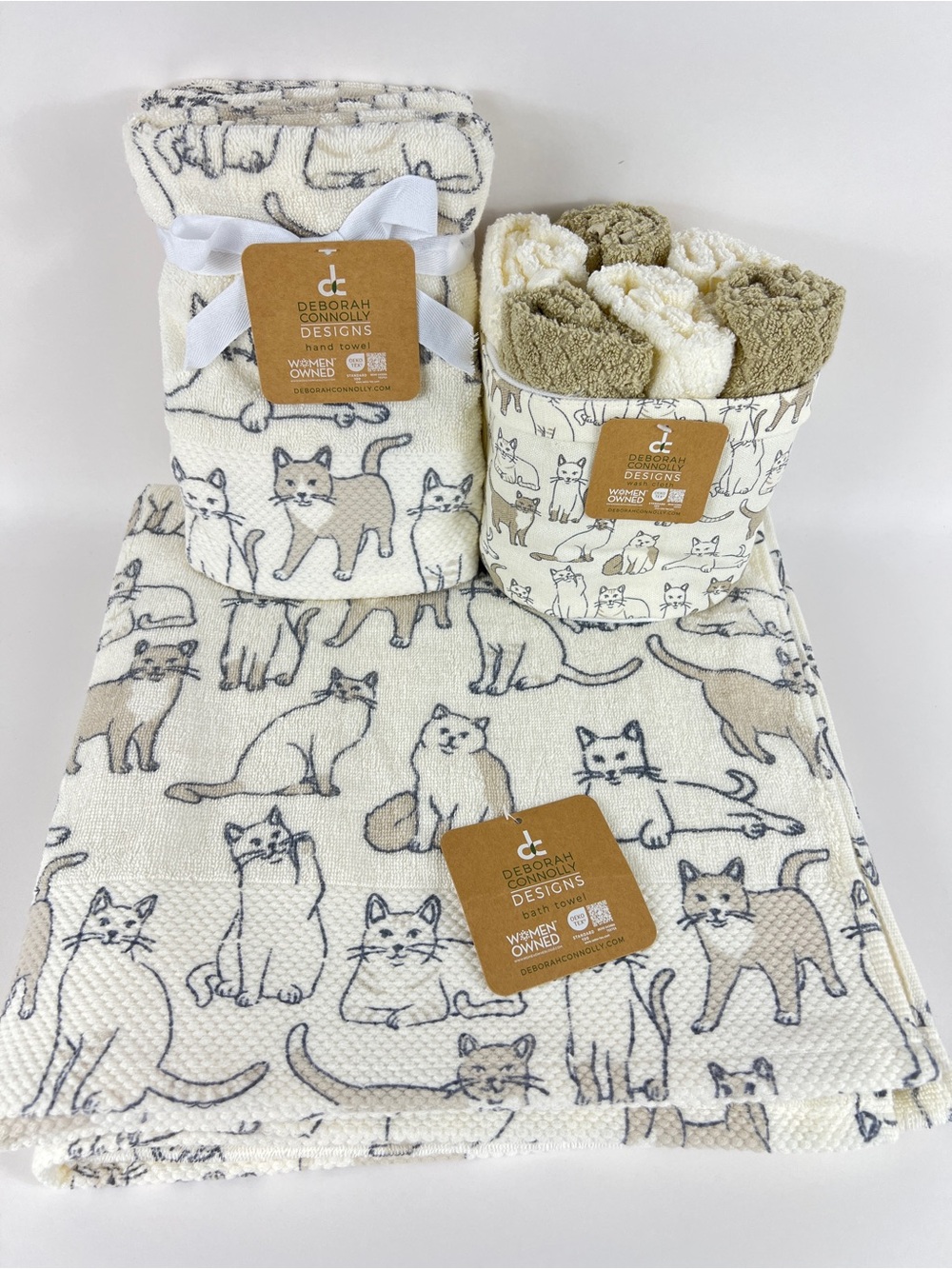 Deborah Connolly Bath Towel Set Cat Print Cream Tan Gray Cotton Blend 11 Pc NEW